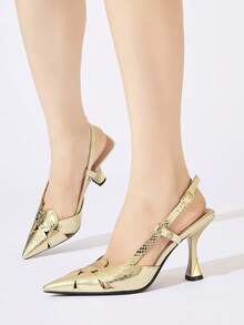 Damen Spitze Pumps mit Cut-Out-Muster und Metallprägung am Knöchelriemen, modisch und sexy für Partys, formelle Anlässe, Frühling/Sommer 2026 neue Goldene High Heels - Gold - Übersicht 4