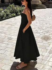 2026 Spring New Women's Clothing: Cross-Border European And American Dress, Elegant French Retro Waist-Cinching Strap Dress - 黑色 - 查看 7