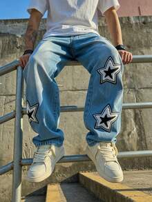 Jeans rectos de pierna ancha con estampado de letras lavados y desgastados para hombres - Azul lavado medio - Ver 6