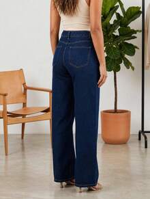 Women's Dark Blue Wash Jeans, High-Waisted, Straight Leg, Shaping Detail, Premium Comfort, Elegant, Versatile - 深色水洗藍 - 查看 2
