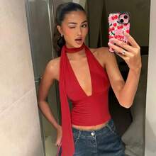 Novedad de verano, camisola sexy con tirantes para el cuello y espalda escotada, top hueco - Rojo - Ver 4