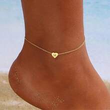 1pc Simple Classic Heart Initial Golden Stainless Steel Chain Anklet For Women - Yellow Gold - View 1