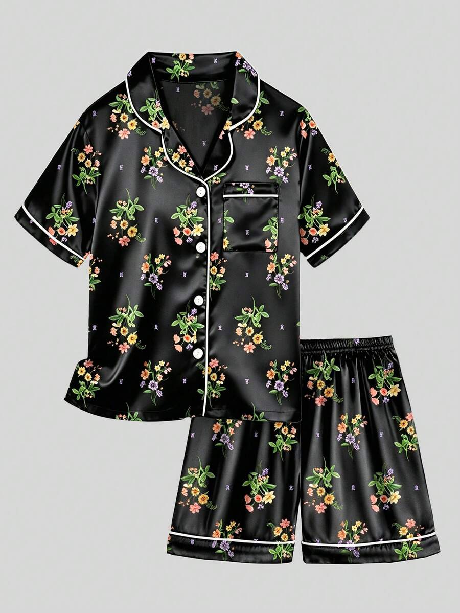 Tween Girl Black Floral Print Short Sleeve Shirt And Shorts 2-Piece Pajama Set
