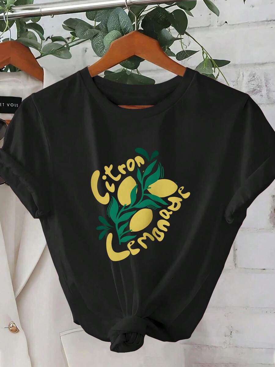 2025 verano nuevo limón patrón creativo elegante moda casual estilo coreano camiseta | cuello tripulación, longitud regular