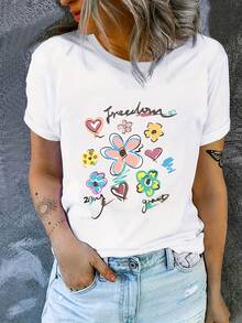 Women's Casual T-Shirt With English Letter Print, Stylish Graphic Tee For All Seasons - Lightweight, Breathable And Soft Short Sleeve Crew Neck For Spring And Summer - 白色 - 查看 1