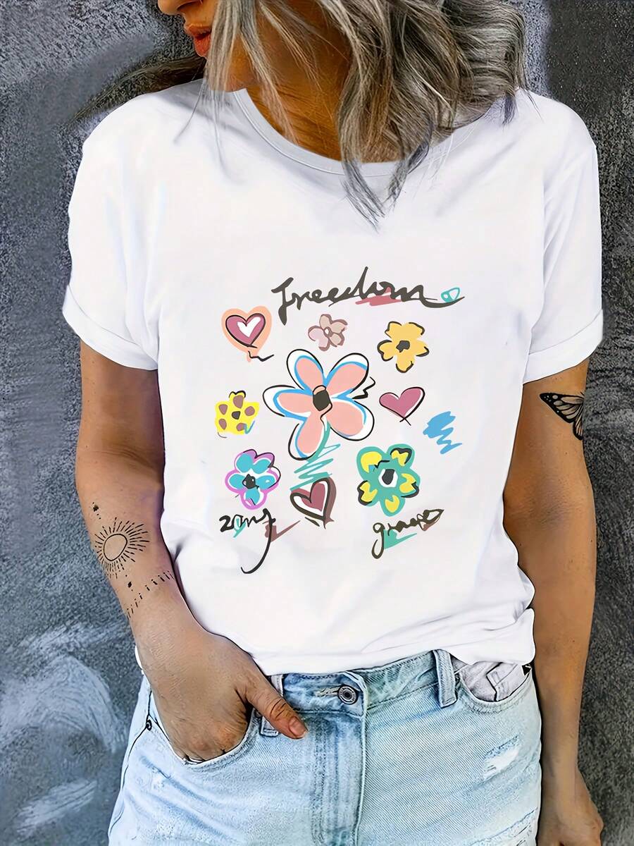 Women's Casual T-Shirt With English Letter Print, Stylish Graphic Tee For All Seasons - Lightweight, Breathable And Soft Short Sleeve Crew Neck For Spring And Summer - 白色 - 查看 1