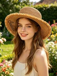 Customized Straw Hat With Embroidered Name, Summer Sun Protection Hat, Fashion Hat, Couples Hat, Unique Summer Style, Handmade Embroidery, Tight And Neat Stitching, Vibrant Colors, One-Of-A-Kind Embroidered Hat, Durable Straw Hat, Convenient To Carry, Suitable For Travel, Sun Protection, Singles Party Gift, Birthday Gift, Valentine's Day Gift - Multicolor - View 3