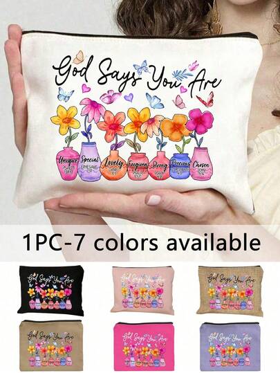 1 pieza Bolsa de maquillaje cristiana inspiradora | "Dios dice que eres único" Estuche cosmético religioso con estampados de versículos bíblicos florales | Organizador de viaje multifuncional con cremallera portátil | Multicolor | Adecuado para uso diario, viajes, playa, vacaciones, viajes de negocios, transporte y vida universitaria | El regalo perfecto para mujeres durante fiestas/Pascua/Día de la Madre/Día de la Independencia/Temporada de bodas/Temporada de graduación/Aniversarios/Cumpleaños