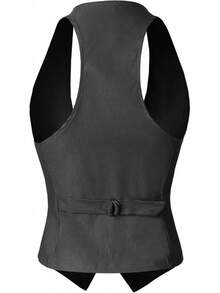 Women's Racerback Tuxedo Vest Slim Fit Stretch Waistcoat Versatile Dressy Casual Sleeveless Layered Outfit - 木炭 - 查看 3