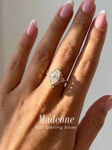 MADEONE 1枚优雅波浪双锆石水滴形925纯银女士订婚结婚戒指，精致新娘首饰，周年纪念生日礼物 - 金色 - 查看 3