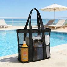 Bolsa de playa de malla de gran capacidad con múltiples bolsillos, drenaje de agua y anti-arena, bolso de mano portátil para uso diario al aire libre - Ver 1