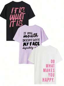 3 piezas Nuevas camisetas de manga corta de mujer con cuello redondo, de corte holgado y con diseño lindo, ideales para uso diario y vacaciones. Nuevo conjunto de verano para mujer con estampado gráfico de 3 piezas, de cuello redondo. Adecuado para el Día de San Valentín, el regreso a la escuela, el Día del Maestro y otras festividades. Camisetas casuales de manga corta, sueltas y cómodas con estampado de letras para uso diario. - Multicolor 4 - Ver 9