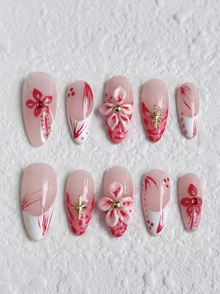 10pcs Nude Pink With Red Flower & Star Decor Shiny Full Cover False Nails, XS/S/M Size, Y2K Style For Women & Girls - Multicolor - View 1