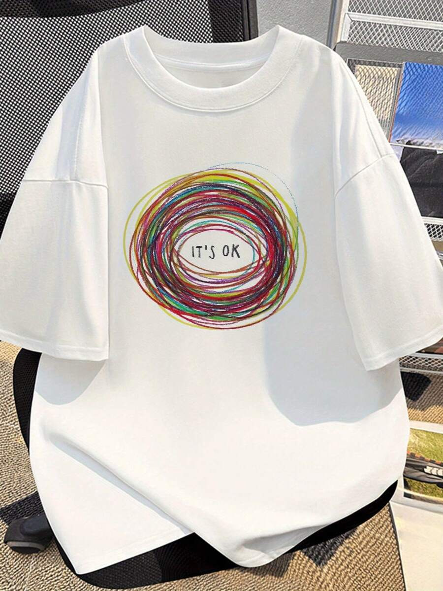 Men's Short Sleeve T-Shirt, Multicolor Abstract Pattern And Text Print, Casual Commuter Top. - White - View 1