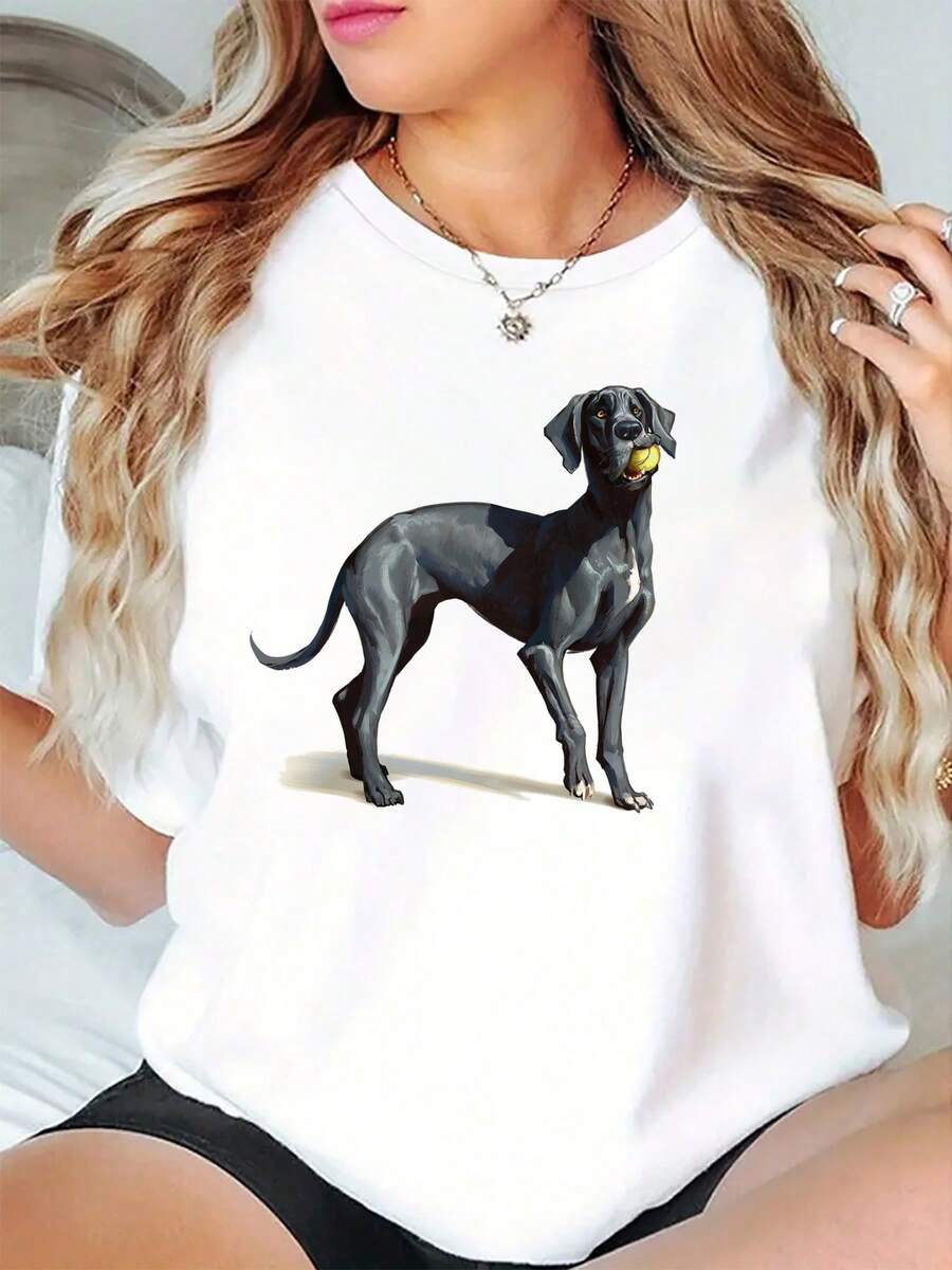 Camiseta Deportiva Casual para Mujer con Gráfico de Labrador Juguetón y Pelota de Tenis - Camiseta Negra Elástica de Cuello Redondo, Lavable a Máquina, Confort Todo el Año para Atuendo casual, Camisas para Damas, Elasticidad Media