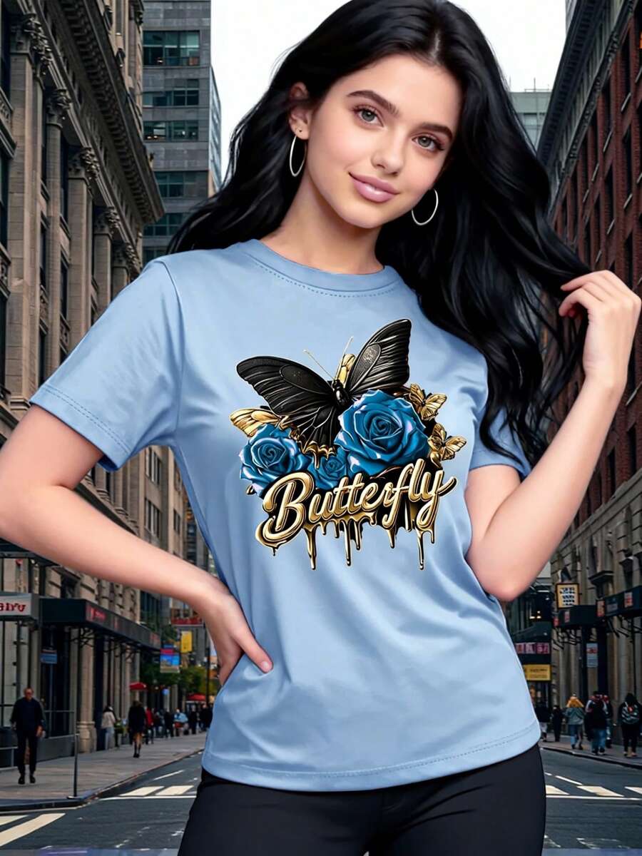 Elegant And Sophisticated Casual Short-Sleeved T-Shirt With Round Neck And Gold Butterfly Letter Print, Women's Clothing For Spring And Summer, Suitable For Outdoor And Indoor Use, Birthday Gift, Holiday Gift, Gift For Friends, Gift For Sisters, Women's Clothing Gift. - 藍色 - 查看 1