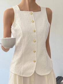 Chaleco sin mangas estilo tweed para mujer, color beige sólido, cuello redondo y botones dorados, diseño ajustado y bolsillos frontales, estilo retro casual, ideal para otoño, uso diario, salidas informales y combinaciones versátiles - Blanco - Ver 3