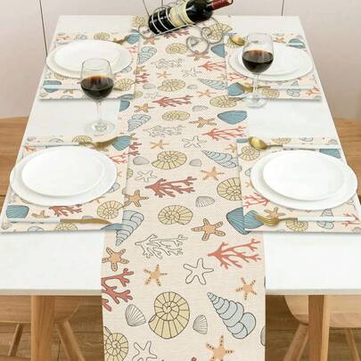 1pc Fresh Ocean Seashell, Coral, Starfish Pattern Linen Table Runner, Suitable For Holidays, Parties, Birthdays, Dinners, Kitchen & Dining Room Decor, Shoe Cabinet Cover, All Season Home Textile Decoration
