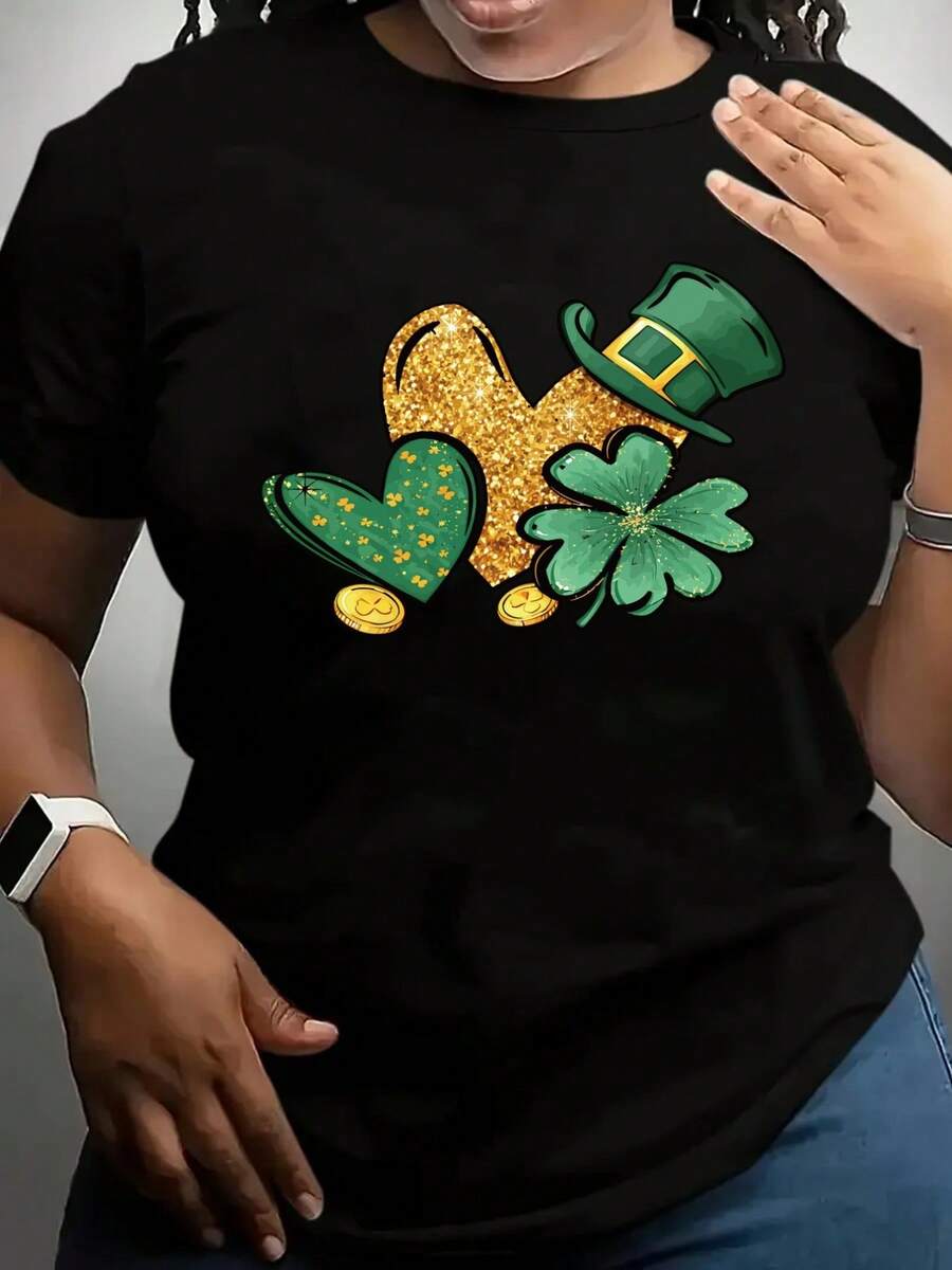 Women'S St. Patrick'S Day Four Leaf Clover Printed T-Shirt | Casual Black Crew Neck, Stretch, Machine Washable, Suitable For Spring/Summer/Fall Athleisure