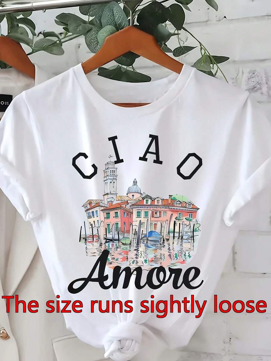 Graphic Print Women's T-Shirt, Short Sleeve Crew Neck Casual Top For Summer And Spring, Women's Clothing - 白色 - 查看 1