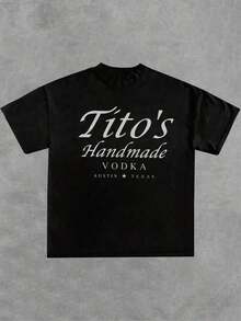 Black T-Shirt Inspired By The "Tito's Handmade Vodka" Brand - Featuring "Tito's Handmade Vodka" Typography And Logo On The Front And Back! 100% Cotton 220g T-Shirt With Print On Both Sides - 黑色 - 查看 3