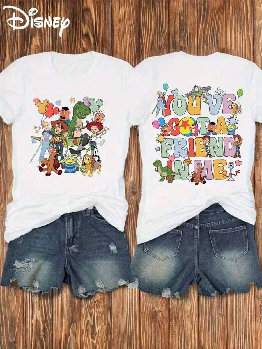 Disney Authorized Printed Toy Story, Front And Back Prints, Soft And Elastic Casual Short-Sleeved Tops, Fashionable Short-Sleeved T-Shirts And Women's Dresses. - 白色 - 查看 1