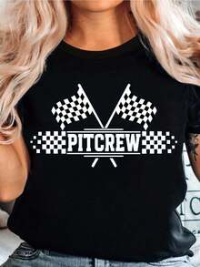 American Racing Fashion! Women'S Short-Sleeve Crew Neck T-Shirt Featuring a Checkerboard Flag Design, Perfect for Summer Casual Wear. This Versatile Top Is Ideal for Summer Promotions, Casual Outings, And Can Be Worn for Outdoor, Indoor Relaxation - Negro - Ver 2