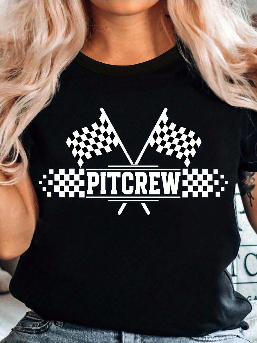 American Racing Fashion! Women'S Short-Sleeve Crew Neck T-Shirt Featuring a Checkerboard Flag Design, Perfect for Summer Casual Wear. This Versatile Top Is Ideal for Summer Promotions, Casual Outings, And Can Be Worn for Outdoor, Indoor Relaxation