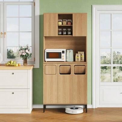 Trash Cabinet, Three-Door Kitchen Cabinet With Waste Separation, 181cm Tall Cabinet In Oak Look, 3 Compartments For Waste Sorting, Microwave Shelf & Storage Space For Vacuum Cleaner, 80x35x181cm