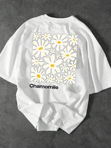 Summer Top Chamomile Letter Print T-Shirt - Crew Neck, Short Sleeves, Relaxed Fit | Suitable For Summer Sportswear, Breathable | Mysterious Design | Smooth Cotton T-Shirt, Summer Outfits - White - View 1