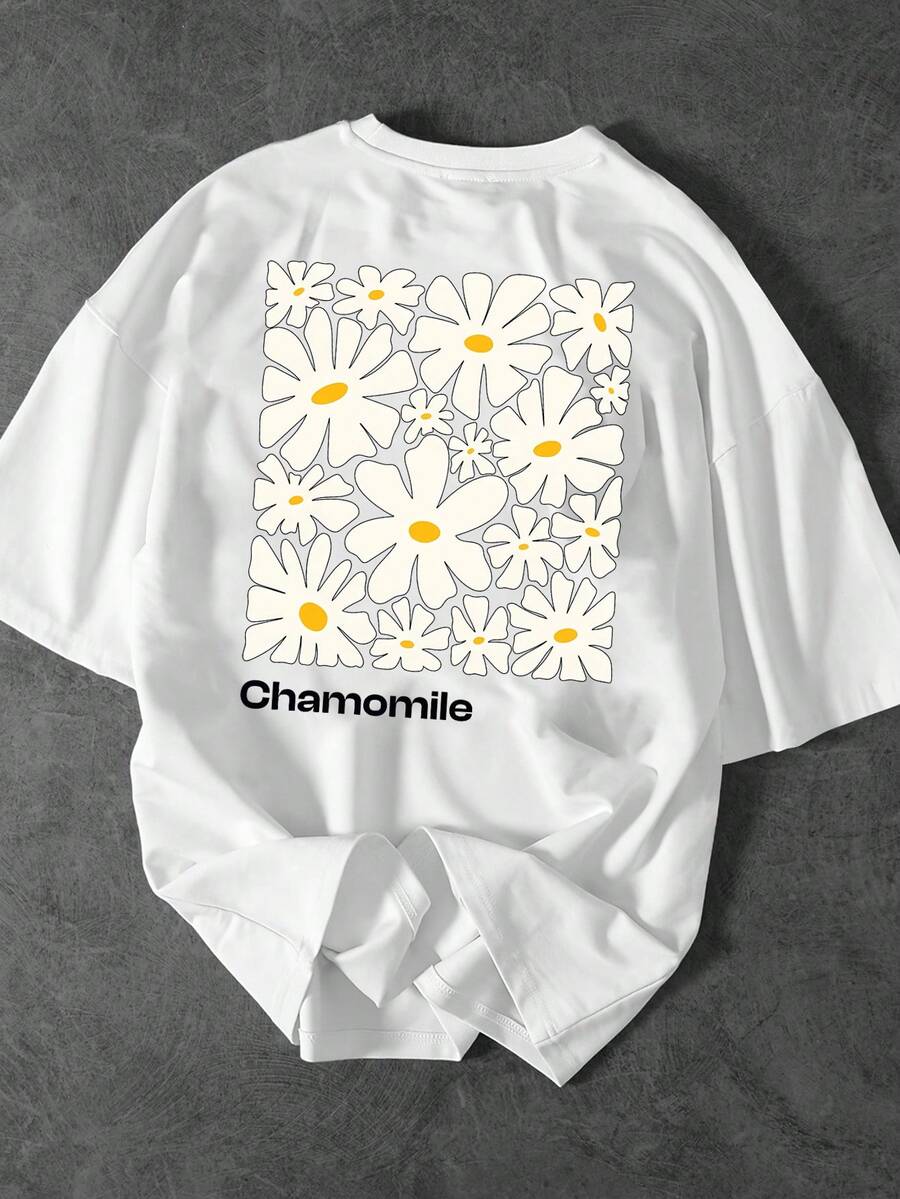 Summer Top Chamomile Letter Print T-Shirt - Crew Neck, Short Sleeves, Relaxed Fit | Suitable For Summer Sportswear, Breathable | Mysterious Design | Smooth Cotton T-Shirt, Summer Outfits - White - View 1