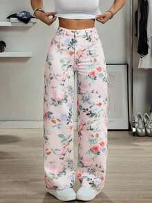 Pantalones vaqueros anchos sueltos y versátiles de mujer con diseño de bolsillos - Rosa - Ver 1