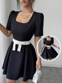 Vestido corto negro para mujer, cuello cuadrado, mangas cortas y cintura definida con lazo blanco, elegante y sofisticado - Negro - Ver 8