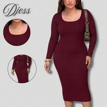Women's Square Neck Long Sleeve Premium Dress - Granate - Ver 1