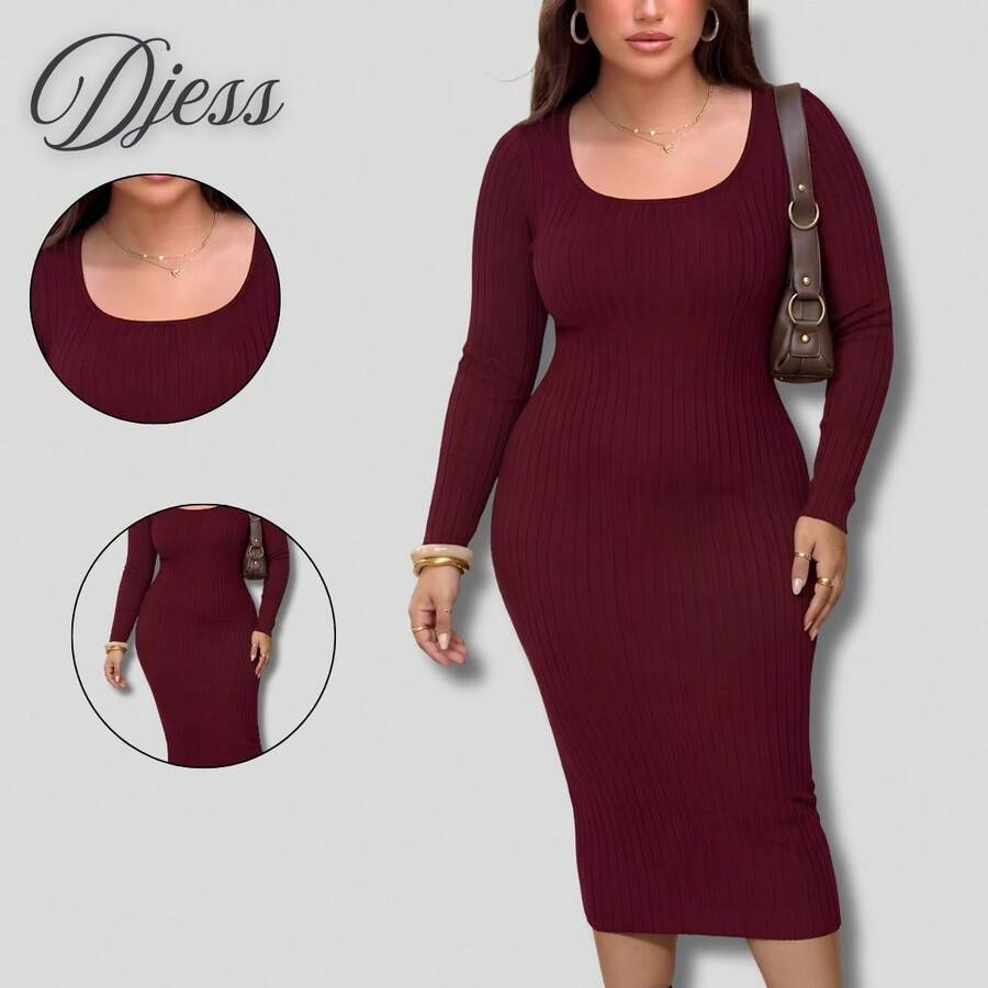 Women's Square Neck Long Sleeve Premium Dress - Granate - Ver 1