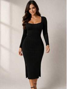 Midi Dress With Half Cup In Ribbed Prime Fabric | Fitted Design With Support, Elegant And Versatile For Day To Night - Negro - Ver 3