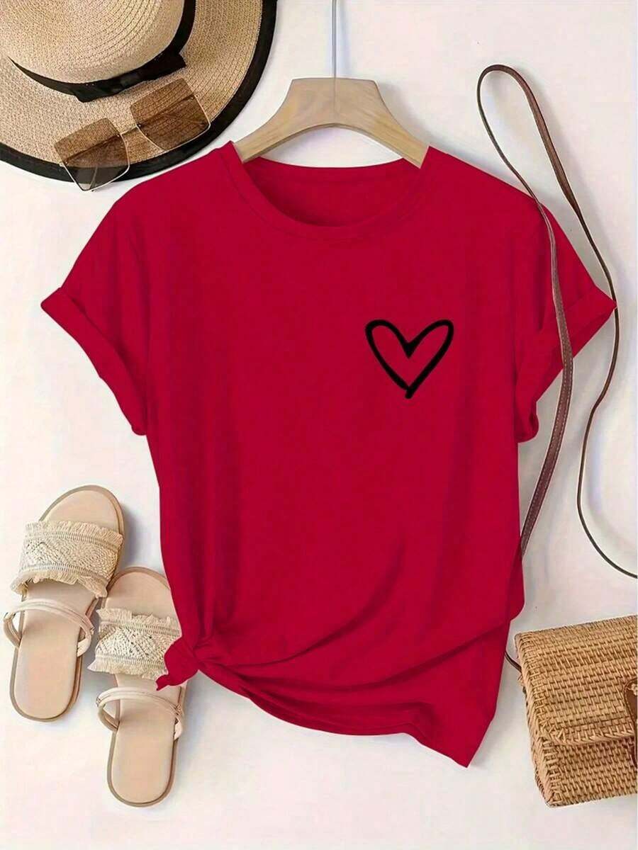 Short-Sleeved T-Shirt With Round Neck And Heart Print, European And American Style, For Women, Sporty, Loose And Comfortable, Vintage Summer Style, Unisex, Cotton, Short Sleeve And Round Neck. - [紅色的] - 查看 1