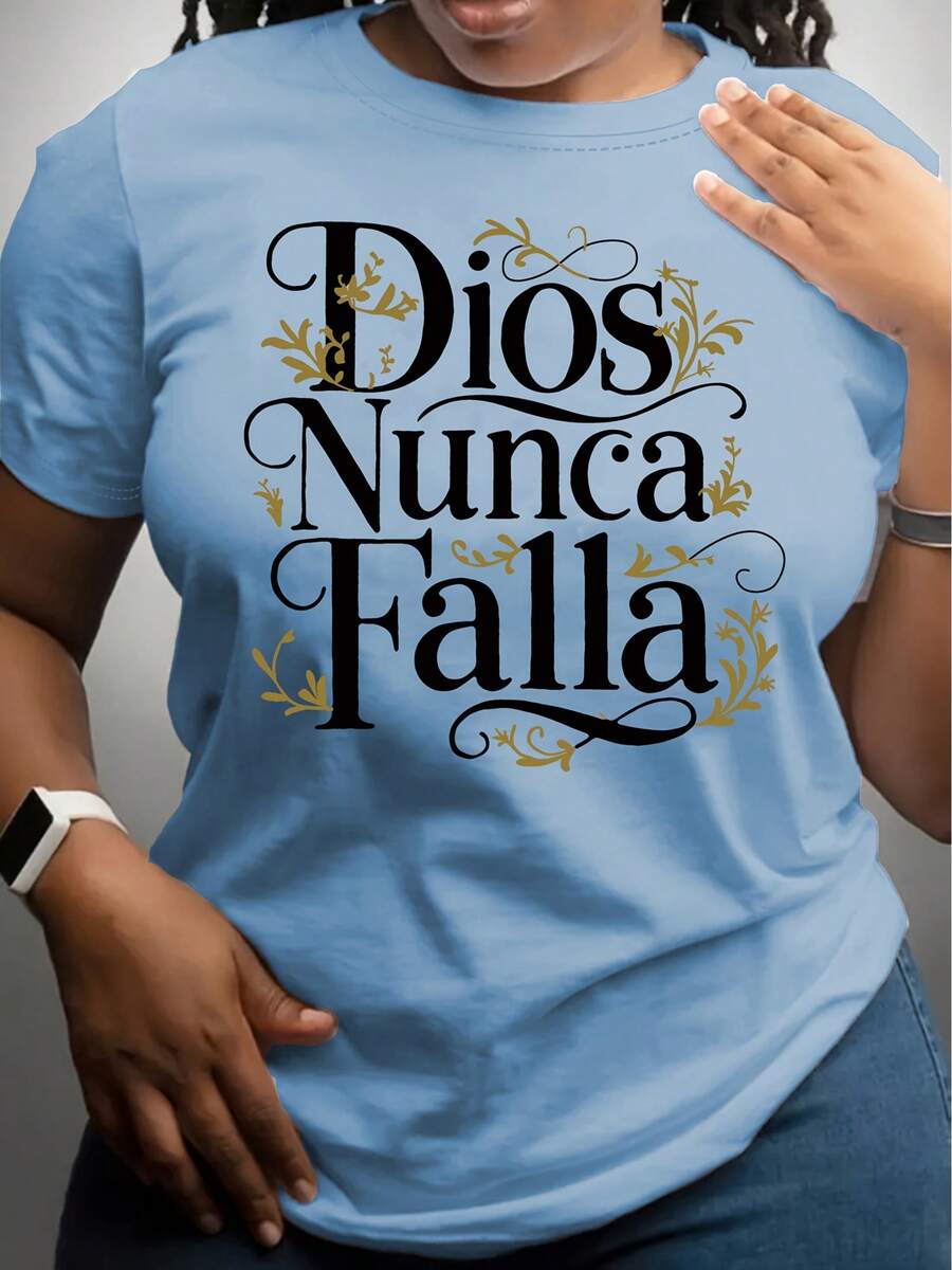 T-Shirt With The Phrase "God Bless You" Printed On It, Casual Short-Sleeved Top With A Round Neck, Women's Clothing For Spring And Summer. - 藍色 - 查看 1