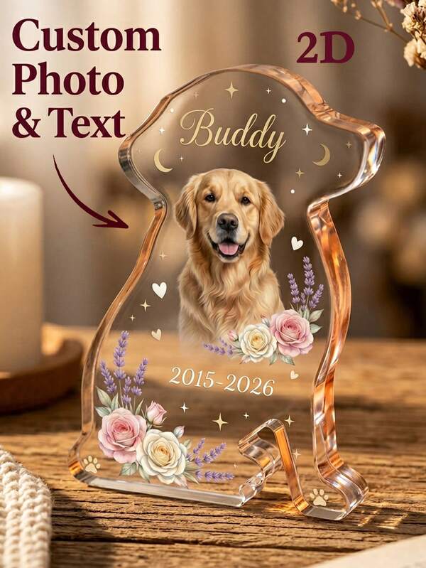 1pc Custom Angel Shaped Acrylic Pet Memorial Plaque, Personalized Pet Photo & Custom Text Keepsake, Forever In Our Hearts Quote, Floral & Paw Print Decor, Desktop Memorial Decor, High-Quality Acrylic, UV-Printed, Scratch-Resistant, Durable, Lightweight, Pet Lovers, Grieving Pet Owners, Animal Lovers, Sympathy Gift Givers