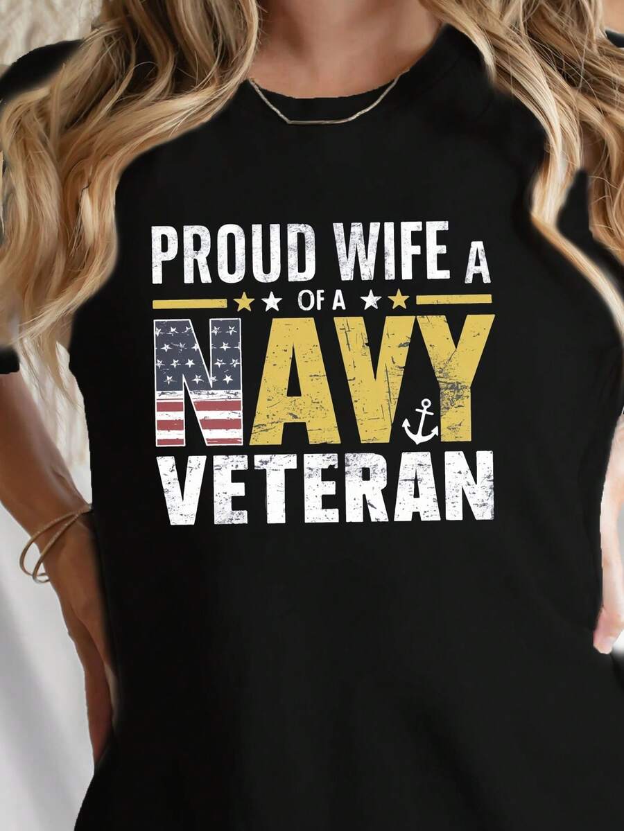 Orgullosa esposa de una camiseta de estampado naval, manga corta cuello de tripulación top casual para verano y primavera, ropa de mujer