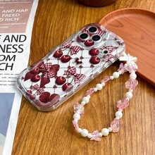 2pcs Set (Fashionable Lattice Bow Cherry Pattern Phone Case + Pink Rose Bow Bracelet), Compatible With IPhone 16 Pro Max/16 Plus/16 Pro/16/15 Pro Max/15 Plus/15 Pro/15/14 Pro Max/14 Plus/14 Pro/14/13 Pro Max/13 Pro/13/12 Pro Max/12 Pro/12, A60, Galaxy S25,S24,S23, Smart 10 Plus, Edge 50, A5 - Clear - View 6
