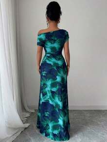 Vestido de mujer con estampado minimalista, hombro asimétrico y talle fruncido - Azul - Ver 2
