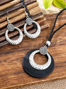 TopHanqi Bộ dây chuyền và bông tai kiểu Bohemian dập nổi, mặt dây chuyền bằng gỗ dây đen cổ điển dành cho nữ, trang sức du lịch. - Nhiều màu - Xem 11