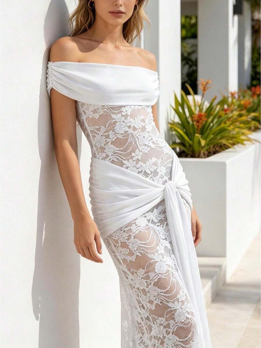 Vestido Largo Mujer de Encaje Hombros Descubiertos o Strapless con Nudo Ajustado Elegante Formal Fiesta Noche - Blanco - Ver 1