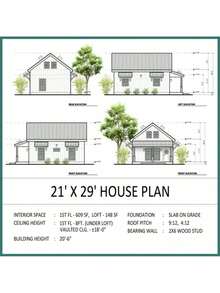 21'x29' Cabin Plan W/ Loft (Printed Plans) 757SF 1 Bed|   Black Cedar Tiny House Blueprints|   Cottage Guest House - 1 - Xem 4