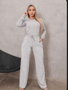 Women's Set: Wide Leg Pants And Long Sleeve Ribbed Knit Top - Premium Winter Casual Chic - 灰色 - 查看 4