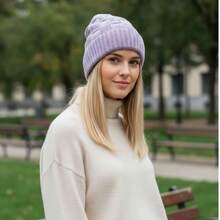 Short Checkered Wool Beanie Hat, Single Layer, Unlined - Lila - Ver 1