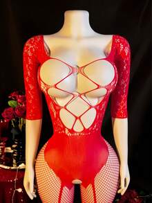 Combinaison ajourée sexy en tricot pour femmes, design imprimé à encolure V semi-transparente et haute élasticité - Rouge - Voir 1