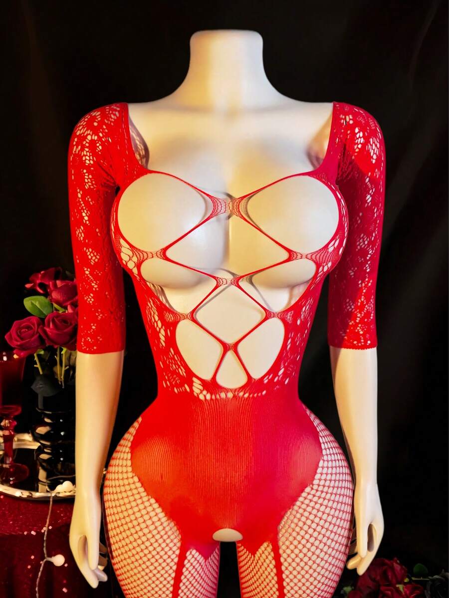 Combinaison ajourée sexy en tricot pour femmes, design imprimé à encolure V semi-transparente et haute élasticité - Rouge - Voir 1