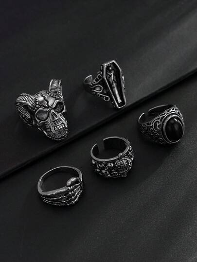 Bộ 5 chiếc nhẫn phong cách Gothic Punk, nhẫn mạ bạc cổ điển hình đầu lâu/móng vuốt/đá đen có thể điều chỉnh kích cỡ, phụ kiện hip-hop retro, unisex, trang trí trang phục Halloween.